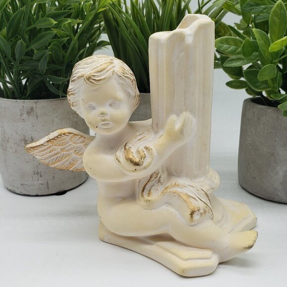 BEIGE White Gold Chalkware Bisque Cherub Candle Stick Holder - Picture 7 of 7